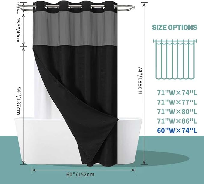 Black No Hook Waffle Weave Shower Curtain with snap-in Liner Replacement, 230GSM Waterproof Fabric Hotel Shower Curtain Set for Bathroom, Through Mesh Top Window,60Wx74H