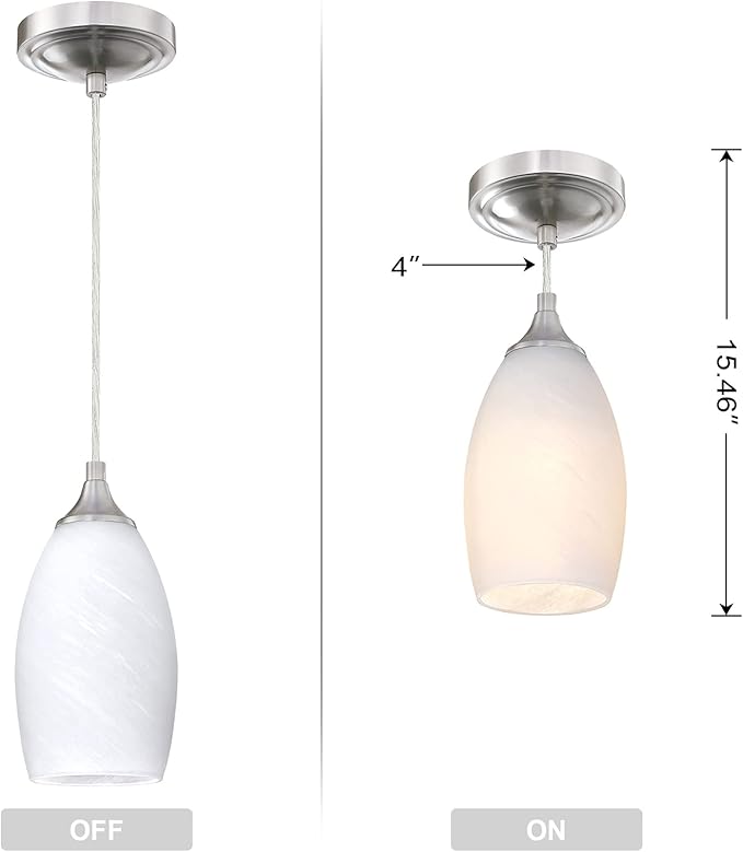 2 Pack 1 Light Indoor Mini Hanging Kitchen Island Pendant Lamps 4.75" Handcrafted Frosted Glass Chandelier Shade Brushed Nickel Finish Bar Dining Room Over Sink
