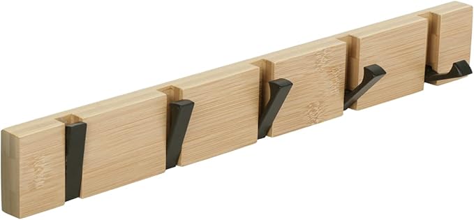 JSVER Wooden Coat Hooks Coat Rack Wall Mount, Space-Saving Coat Rack with 5 Standard Retractable Hooks, Hat Coat Hook for Entryway, Hallway, Bathroom, Living Room, Bedroom