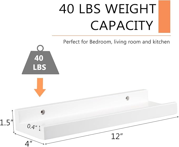 12 Inch Floating Shelves Wall Mounted, Solid Wood Wall Shelves for Decor and Storage, Picture Ledge Shelf for Bedroom/Bathroom/Living Room/Kitchen/Laundry Room, White Color, 12*4*1.5, 2 Pack