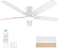 YUHAO 52 Inch Flush Mount White Ceiling Fan with Light and Remote Control.Noiseless,Dimmable,3CCT,6 Speeds Reversible, Low Profile DC Ceiling Fans for Indoor Use
