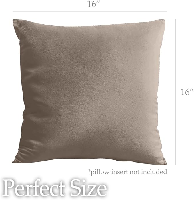 lalaLOOM Velvet Throw Pillow Covers, Set of 2 Decorative Square Pillows Home Decor, Soft Accent Cases, Silky Machine Washable Pillowcases for Sofa, Couch, Bedroom, Living Room, 16x16, Taupe