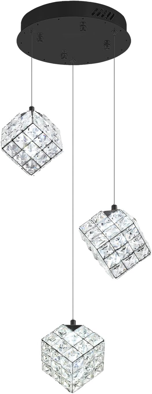 3-Lights Pendants Lightfor Kitchen lsland Chandeliers Dining Room,Square Entryway Light Fixture Hanging Adjustable Height Black Crystal Chandeliers for Bedroom Hallway Foyer