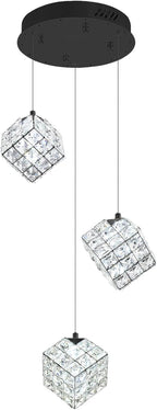 3-Lights Pendants Lightfor Kitchen lsland Chandeliers Dining Room,Square Entryway Light Fixture Hanging Adjustable Height Black Crystal Chandeliers for Bedroom Hallway Foyer