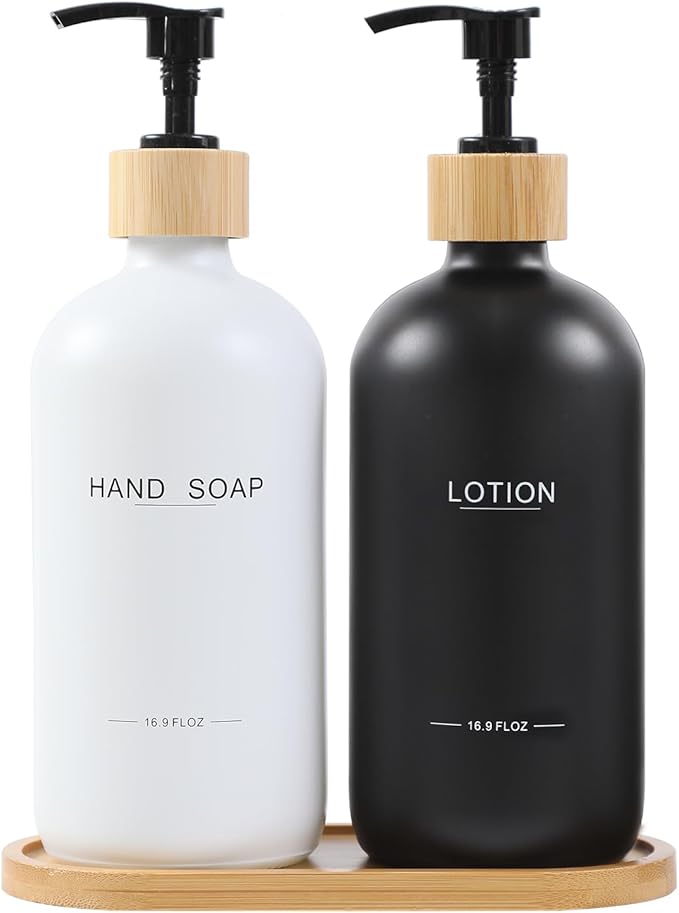 Black and White Soap Dispenser Bathroom Set with Hand Soap Dispenser and Lotion Dispenser, Bamboo Pumps & Tray Suitable for Bathroom Counter Decor. (White&Black)