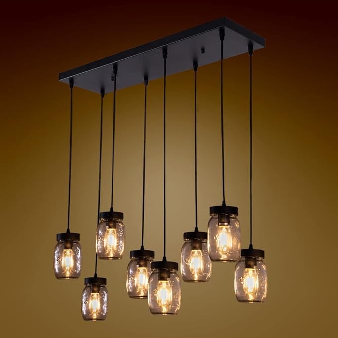Wellmet 8-Light Mason Jar Chandelier for Dining Room, Farmhouse Rustic Linear Cluster Pendant Light Fixture for Living Room, Kitchen Island Lighting, Matte Black Finish with Glass Shades
