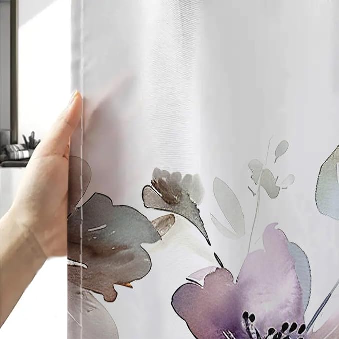 Sanzugh Purple Floral Shower Curtain, Cute Boho Watercolor Flower Wildflower Leaves Butterfly White Fabric Shower Curtains Set for Bathroom Decorative with Hooks 72 X 78 inch Spring Bath Decor