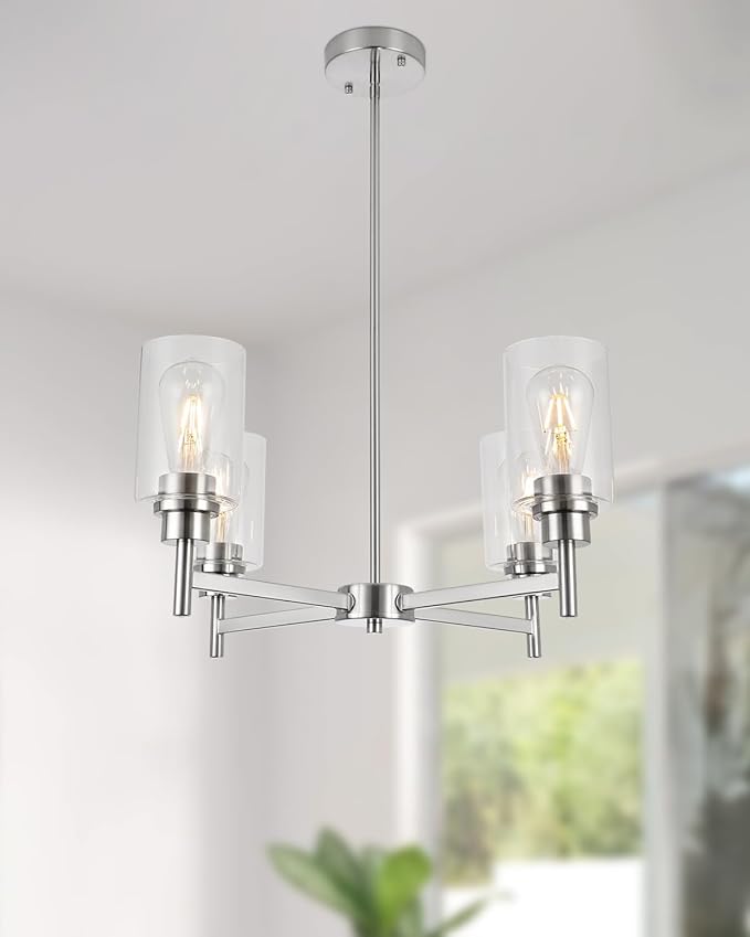 Brushed Nickel Chandeliers for Dining Room Farmhouse Chandelier Fixture with Clear Glass Shades 4 Light Kitchen Island Lighting Pendant Light Fixture for Dining Room Living Room Bedroom