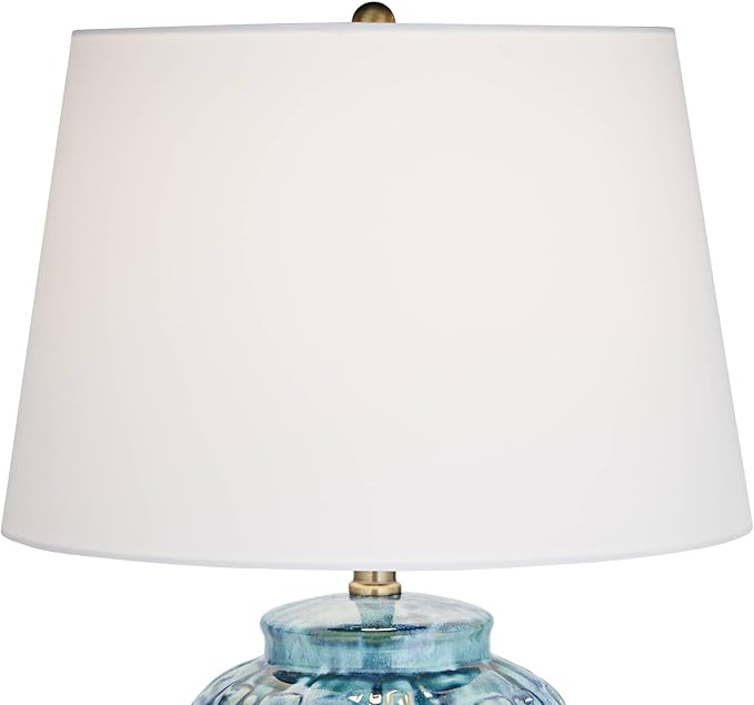 Possini Euro Design Asian Modern Table Lamp 27" Tall Teal Glaze Textured Ceramic Temple Jar White Tapered Drum Shade for Bedroom Living Room House Home Bedside Nightstand Office Entryway Family