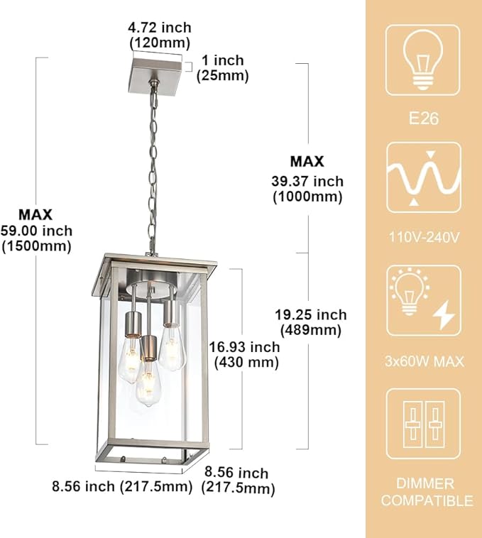 Lagre Outdoor Pendant Light Fixtures, Brushed Nickel Exterior Porch Hanging Lighting with Adjustable Chain, Clear Glass Panel Ceiling Lantern for Front Door Foyer Entryway, E26 Bulb Base