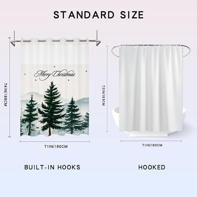 4pcs No Hook Christmas Shower Curtain Set, Merry Christmas Holiday Shower Curtain, Non-Slip Rug Toilet Lid Cover and Bath Mat, Green Xmas Tree Bathroom Decor Set, Waterproof, Washable.