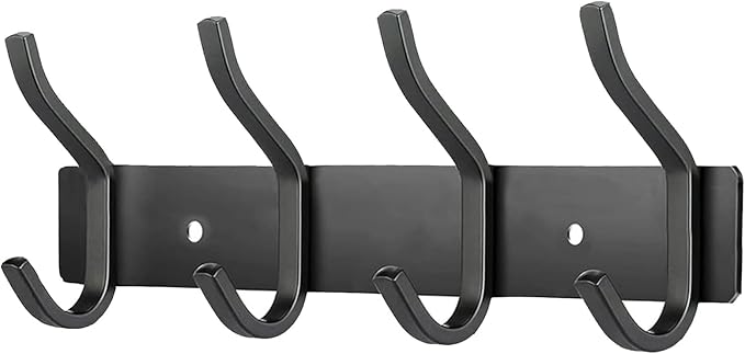 Wall Hooks Heavy Duty, 12 Inch Coat Rack Wall Mount with 4 Hooks, Black Wall Hooks for Hanging Backpack, Bag, Purse, Clothes, Hat, Coat, Towel | Entryway & Bathroom Storage Organization Hanger
