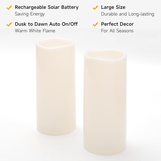 NURADA Large Outdoor Solar Candles Waterproof - 12" x 5" Rechargeable Solar Powered Flameless LED Pillar Flickering Candle for Patio Porch Lanterns Decor - Ivory White Set of 2