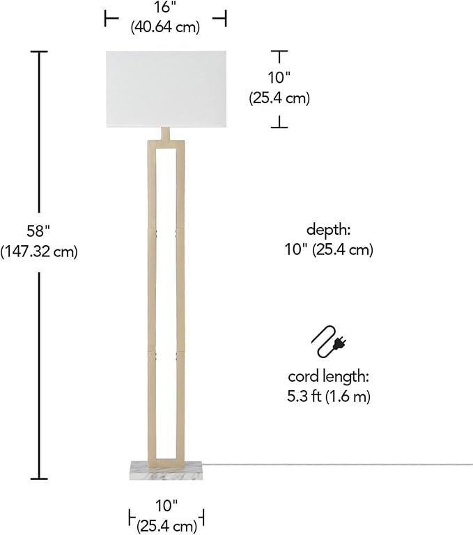 GLOBE Electric 12273 D'Alessio 58" Floor Lamp, Gold, White Linen Shade, Faux Marble Base, On/Off Socket Rotary Switch, Title 20 LED Bulb Included