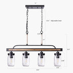 Wellmet Farmhouse Dining Room Chandelier, Black Mason Jar Chandelier Lighting Fixture for Kitchen Island, Dining Table, Rustic Linear Cluster Hanging Pendant Light, Faux Wood with Glass Shade
