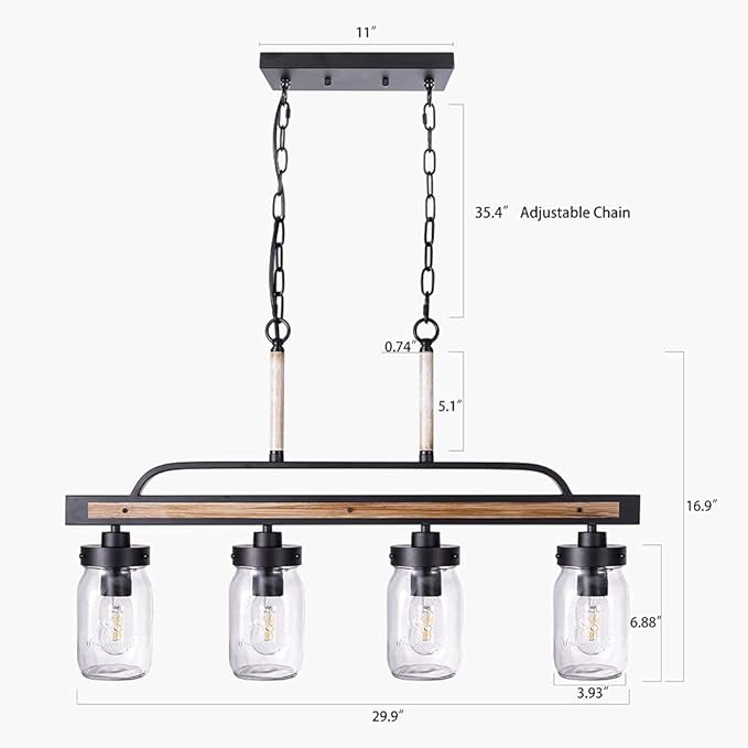 Wellmet Farmhouse Dining Room Chandelier, Black Mason Jar Chandelier Lighting Fixture for Kitchen Island, Dining Table, Rustic Linear Cluster Hanging Pendant Light, Faux Wood with Glass Shade