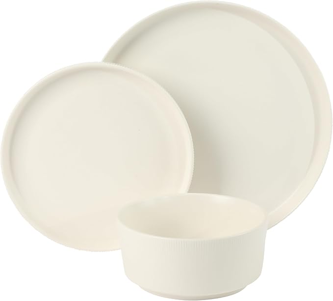 Gibson Home Dempsey Road 12-Piece Stoneware Dinnerware Set – Service for 4, Round White Plates and Bowls, Durable Solid Color Modern Embossed Dish Set, Microwave & Dishwasher Safe