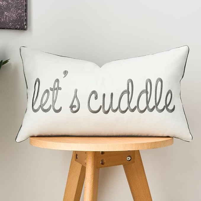 Sunkifover Decorative Rectangle Pillow Covers 12x20 Inches, Soft Solid Lumbar Pillowcase, Embroidered Rectangular Cushion Covers with Let's Cuddle Quote for Bed, Bedroom (Color Grey)
