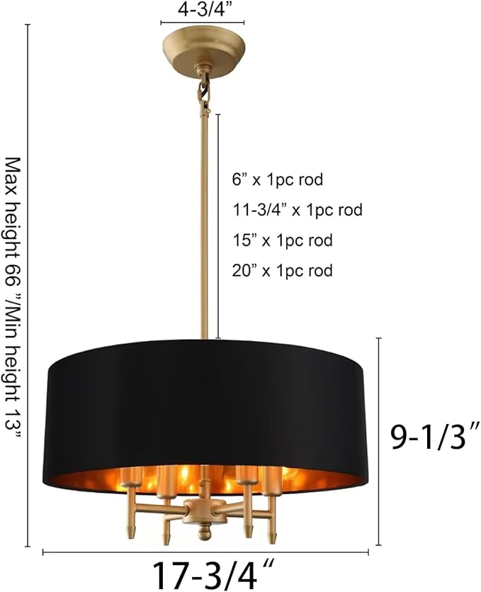 Black Drum Chandelier Gold Drum Shade Chandelier 4-Light Modern Linen 17.75“Chandeliers Light Fixture for Dining Room, Bedroom, Kitchen Island, Living Room, E12,Rod Adjustable