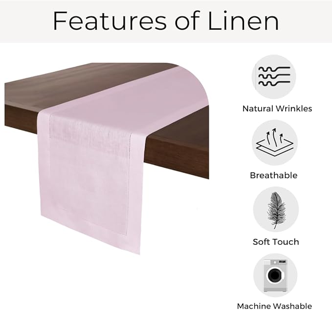 D'Moksha Homes Linen Pastel Pink Table Runner 54 Inches - Classic Hemstitch, 100% Pure Linen Coffee Table Runner 14 x 54 Inch Ideal for Dresser Tables - Fall, Autumn and Halloween