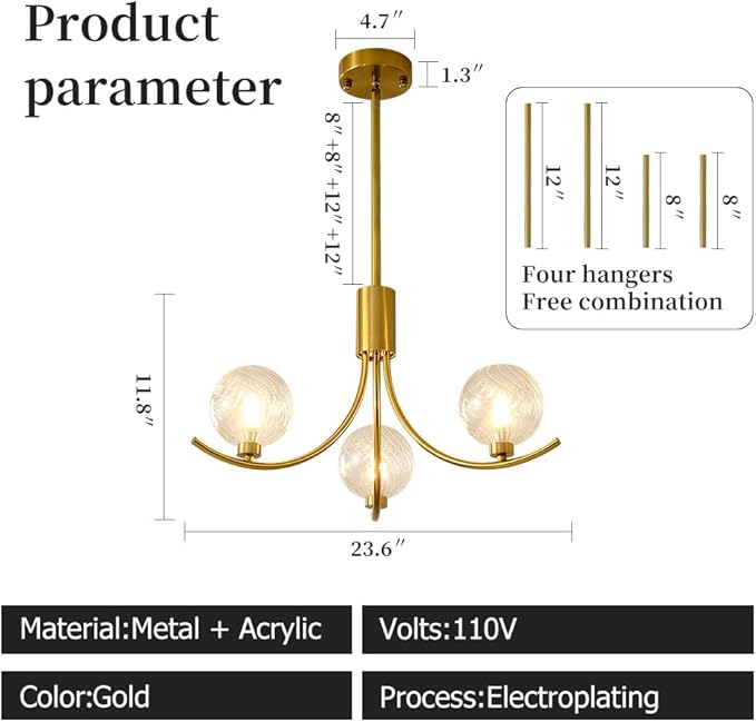 Gold Modern Chandelier with 3 Glass Globe Bulbs - Adjustable Height & Colour Temperature, Gilded lamp Post, Elegant Lighting for Living Room, Bedroom or Study