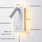 MOLUOLA LED Wall Lamp Wall Mounted Reading Lights Set of 2, Adjustable Headboard Plug in Wall Sconce with USB C+A Ports, Headboard Bedside Lamp with 9W+3W Night Light 3000K (White)