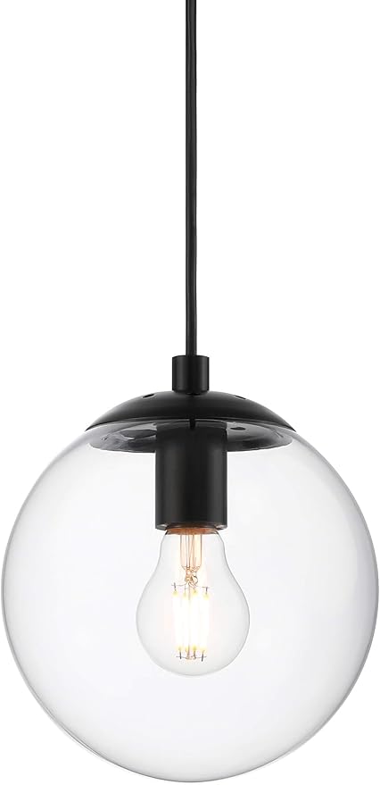 XiNBEi Lighting 8 inch Globe Pendant Lighting Kitchen Island, Modern Industrial Black Pendant Light with Clear Glass Adjustable Hanging Light Fixture for Dining Room XB-P1259-MBK
