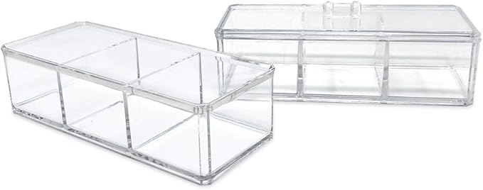 Isaac Jacobs 3-Compartment Clear Acrylic Rectangular Stackable Organizer with Lid, Multi-Sectional Drawer Tray, Storage Solution for Makeup, Craft Supplies, for Bathroom, Kitchen, Office (2, Clear)