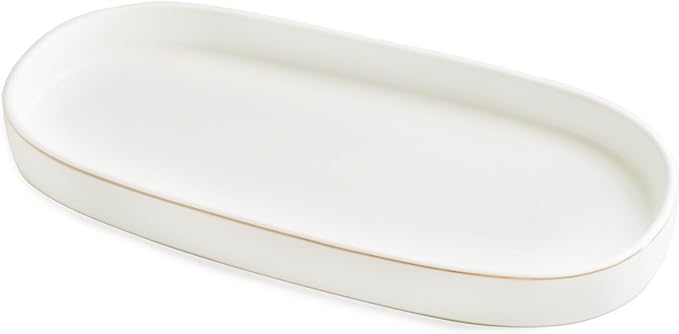10x5 Bathroom Vanity Tray, Oval Ceramic Decorative Perfume Candle Tray for Bathroom/Kitchen Counter, White