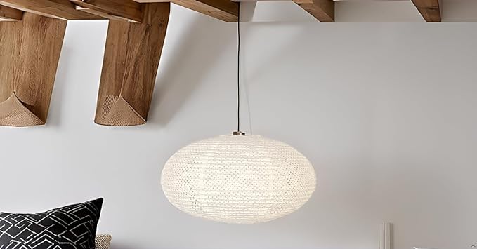 Hytsoeee(19.69Inch) Handmade Paper Lamp Shade, Creamy White Oval Hanging Lantern Lampshade,Modern Folding Ceiling Light Cover for Bedroom, Living Room, Dining Room, Corridor
