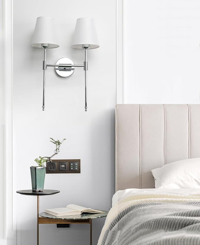 PERMO Classic Double Sconce Chrome 2 Lights Wall Sconce Rustic Wall Mount Lighting Fixture with Flared White Textile Lamp Shade