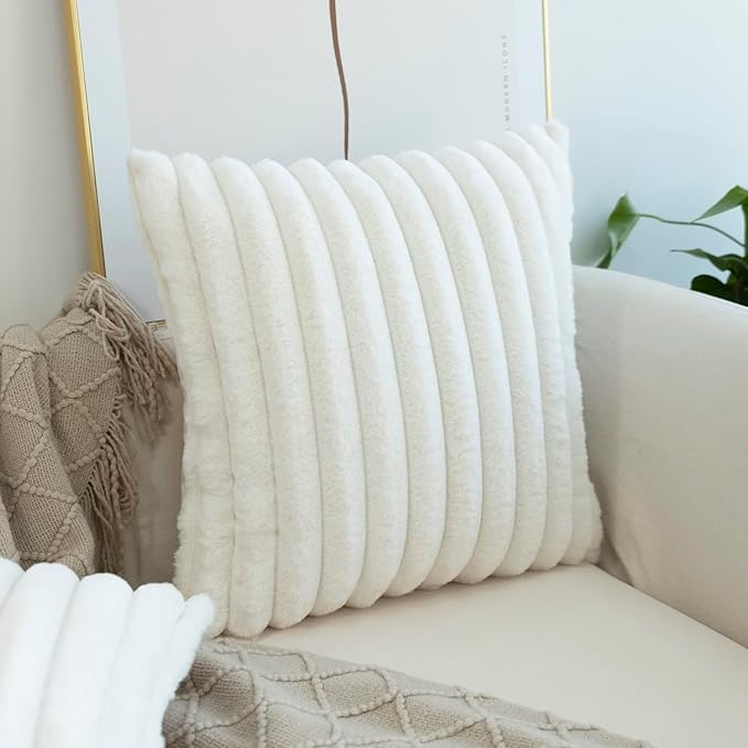 JOJUSIS Pack of 2 Faux Fur Plush Decorative Throw Pillow Covers Couch Cushion Case Soft Pillowcases (White, 24 x 24-Inch)