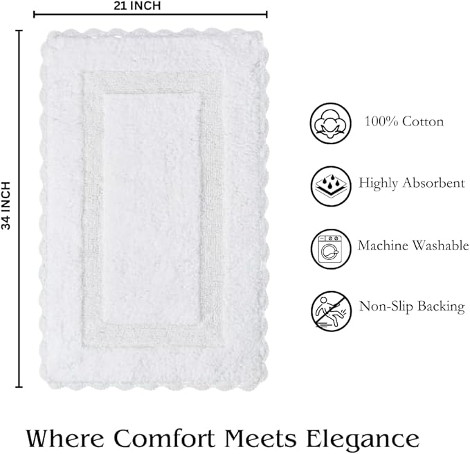 Savi Home Cotton Crochet Bathmat with Antiskid 21x34 White, 100% Pure Cotton, Super Soft White, Plush & Absorbent, Hand Tufted Heavy Weight Construction, Full Reversible Step Out Rugs