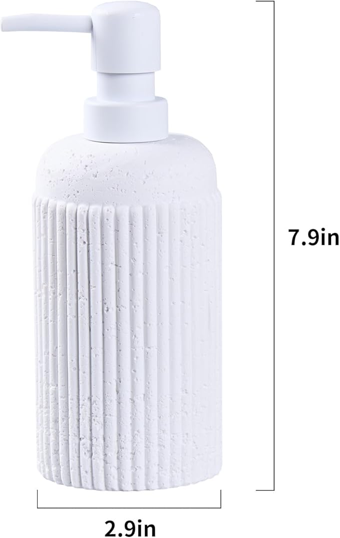2Pcs White Natural Travertine Textures Hand Soap Dispenser Set, Small Bathroom Countertop Resin Liquid Soap Dispensers, Kitchen Dish Wash Soap Dispensers,Refillable Dispenser with Vertical Stripe