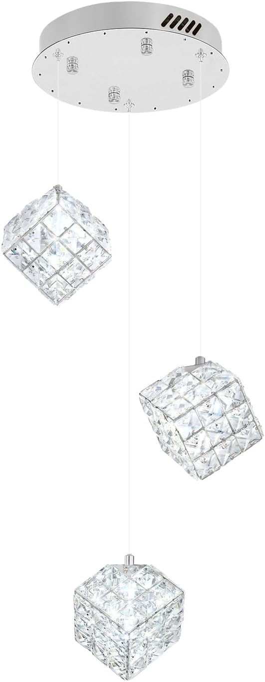 3-Lights Pendants Lightfor Kitchen lsland Chandeliers Dining Room,Square Entryway Light Fixture Hanging Adjustable Height Silver Crystal Chandeliers for Bedroom Hallway Foyer