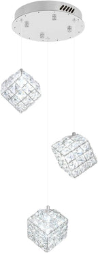 3-Lights Pendants Lightfor Kitchen lsland Chandeliers Dining Room,Square Entryway Light Fixture Hanging Adjustable Height Silver Crystal Chandeliers for Bedroom Hallway Foyer