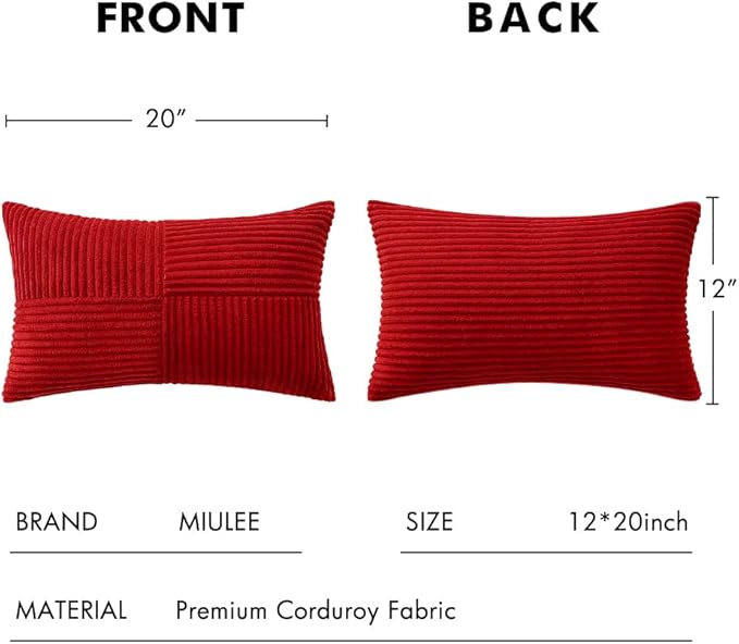 MIULEE Christmas Red Corduroy Pillow Covers Pack of 2 Boho Decorative Spliced Throw Pillow Covers Soft Solid Couch Pillowcases Cross Patchwork Cushion Covers for Living Room Bed Sofa 12x20 inch