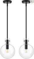 Black Pendant Lights Kitchen Island 2 Pack, 8" Large Globe Glass Hanging Light Fixtures with Clear Glass, Modern Kitchen Pendant Lighting Over Island for Sink Bathroom, OS-JJ528-2PBK