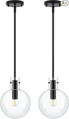 Black Pendant Lights Kitchen Island 2 Pack, 8" Large Globe Glass Hanging Light Fixtures with Clear Glass, Modern Kitchen Pendant Lighting Over Island for Sink Bathroom, OS-JJ528-2PBK