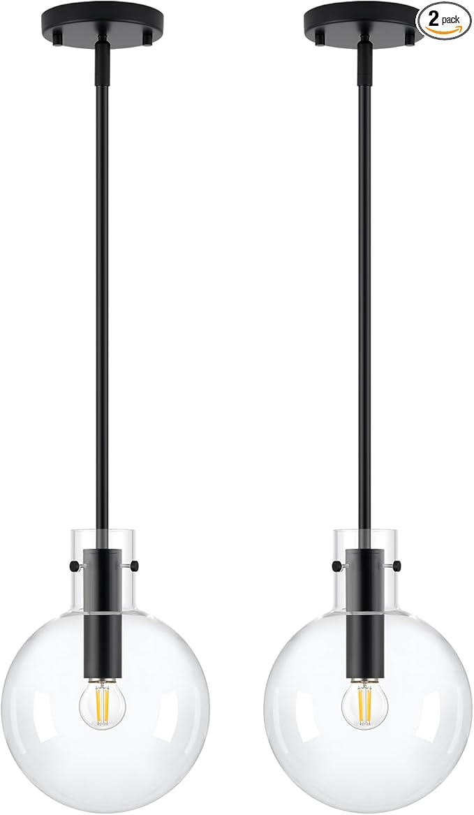Black Pendant Lights Kitchen Island 2 Pack, 8" Large Globe Glass Hanging Light Fixtures with Clear Glass, Modern Kitchen Pendant Lighting Over Island for Sink Bathroom, OS-JJ528-2PBK