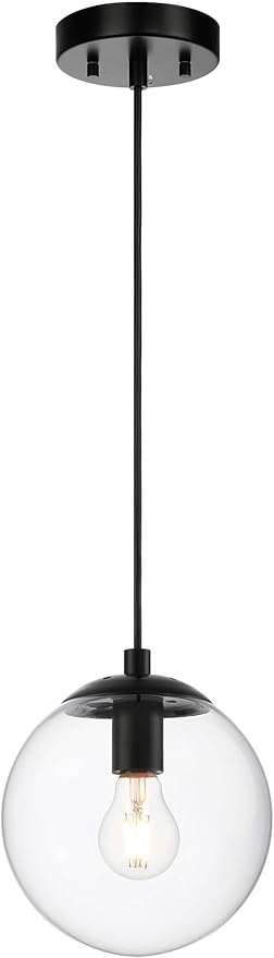XiNBEi Lighting 8 inch Globe Pendant Lighting Kitchen Island, Modern Industrial Black Pendant Light with Clear Glass Adjustable Hanging Light Fixture for Dining Room XB-P1259-MBK