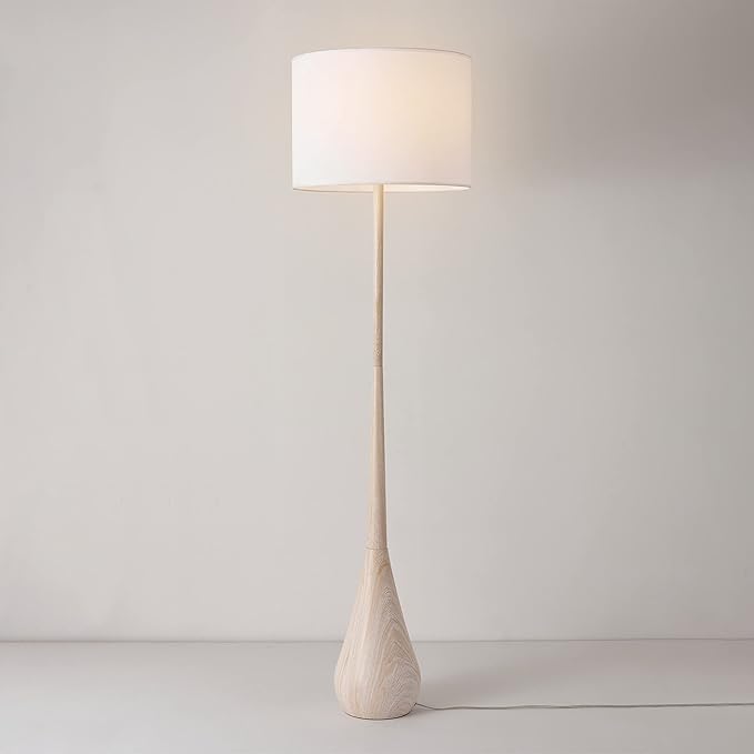 GLOBE Electric 52112 65" Floor Lamp, Faux Wood Finish, White Cotton Shade, Japandi Style, E26 Base, Modern Bedroom and Living Room Lighting