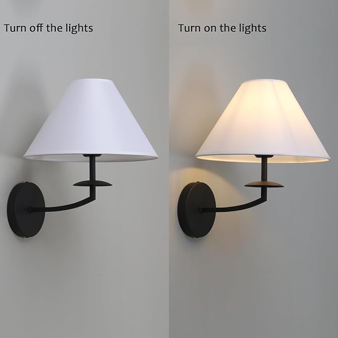PERMO Vintage Wall Sconce Black Classic Bathroom Sconces wiht 11" Tapered White Textile Shade Wall Sconce Hardwired Indoor Wall Mount Lights for Living Room Bedroom Hallway Entryway