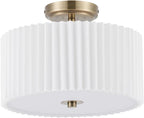 VONLUCE Semi Flush Mount Ceiling Light, 12.2'' Ceiling Light Fixture with Pleated Shade, 2-Light Modern Drum Light Fixture for Bedroom Living Room Entryway Hallway, White Shade & Bronze Finish
