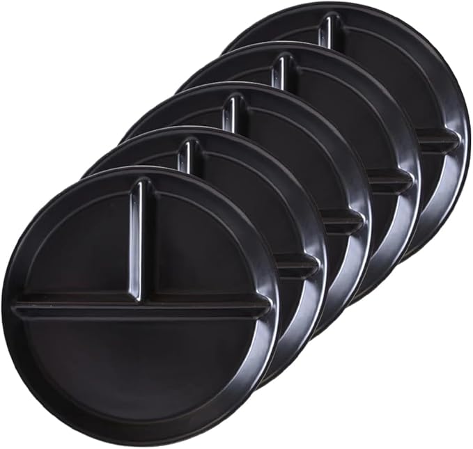 (5 Pack) Portion Control Plate for Balanced Eating, 9" Unbreakable Divided Plates,3 Compartment Round Plates, Reusable Plastic Plates, BPA Free for Kids Adults Bariatric Diet (Black)