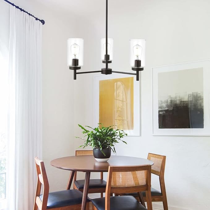 VINLUZ Contemporary 3-Light Chandeliers Rustic Clear Glass Shades Pendant Lighting Oil Rubber Bronze Dining Room Lighting Fixtures Hanging Adjustable Wire Semi Flush Ceiling Lights