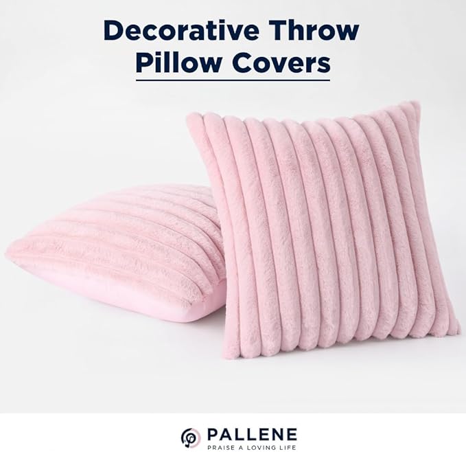Pallene Faux Fur Plush Throw Pillow Covers 26x26 Set of 2, Luxury Soft Fluffy Striped Decorative Pillow Covers for Sofa, Couch, Living Room, Blush Pink