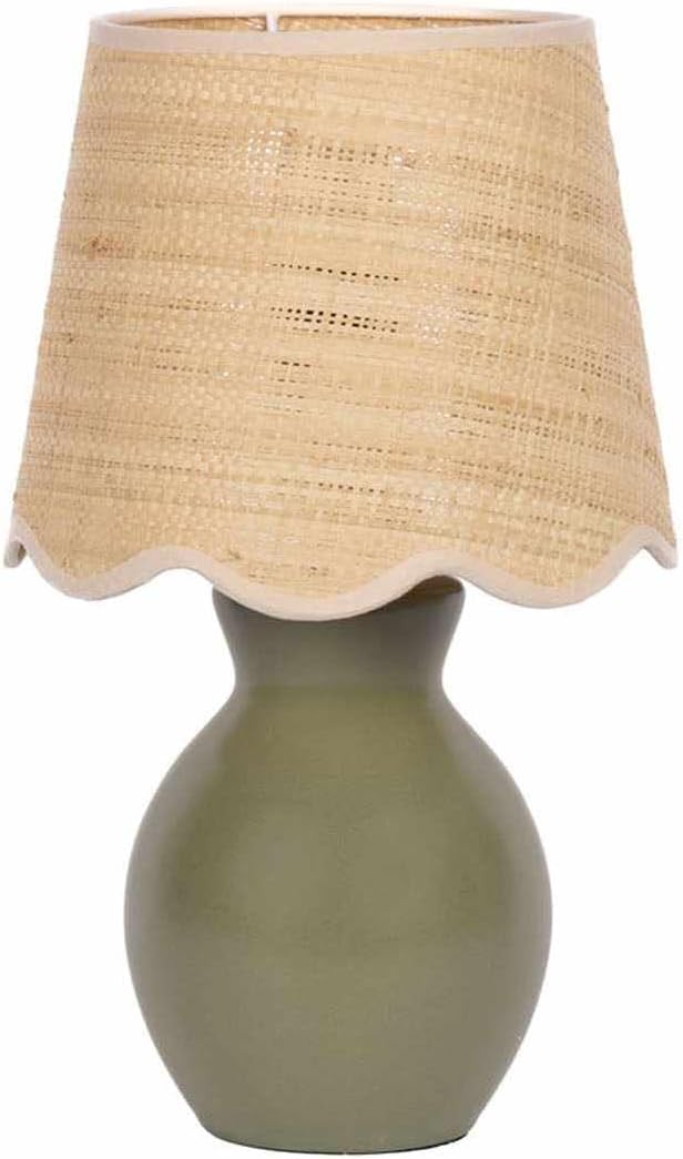 BoutiqueRugs Liliac Boho Ceramic and Jute Bedside Table Lamp for Bedroom Nightstand - End Side Lighting for Living Room - Shade Rattan - Green, Olive, Beige - 15" H