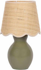 BoutiqueRugs Liliac Boho Ceramic and Jute Bedside Table Lamp for Bedroom Nightstand - End Side Lighting for Living Room - Shade Rattan - Green, Olive, Beige - 15" H