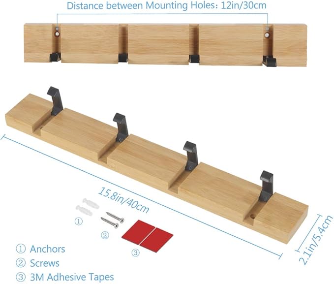 JSVER Wooden Coat Hooks Coat Rack Wall Mounted, Modern Coat Rack, Space-Saving Coat Hook with 4 Standard Retractable Hooks Hat Coat Hook for Entryway, Hallway, Bathroom, Living Room, Bedroom